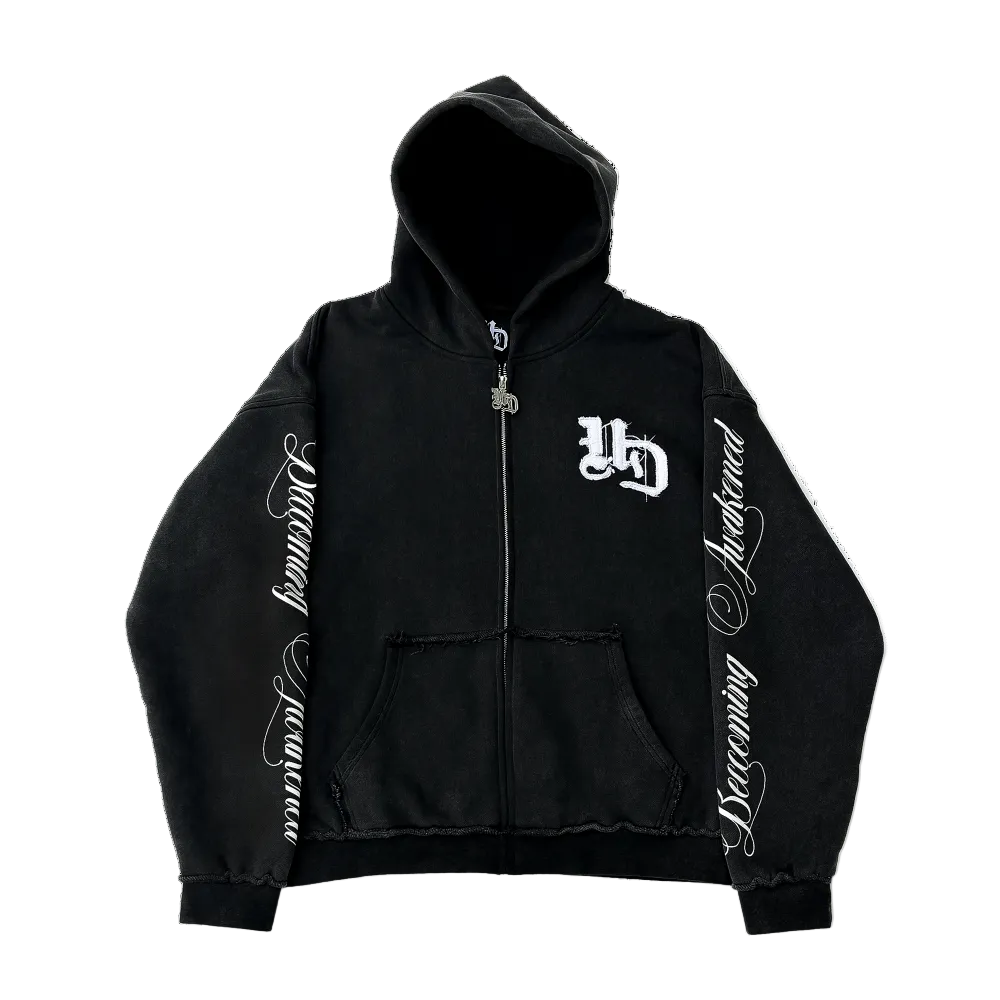 Black hoodie with white text and logo on a white background